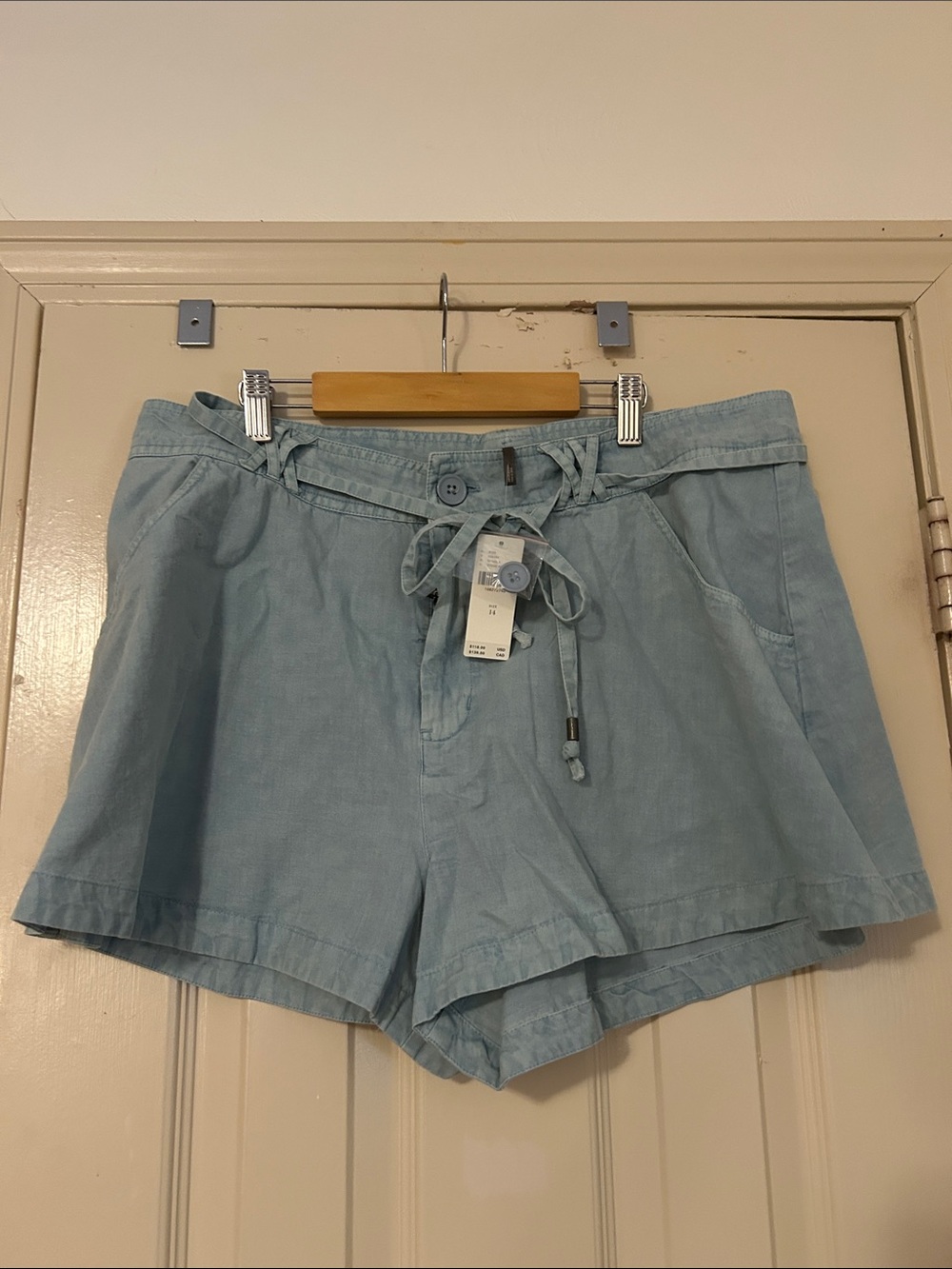 Anthropologie Light Blue High-Waist Tie-Belt Shorts